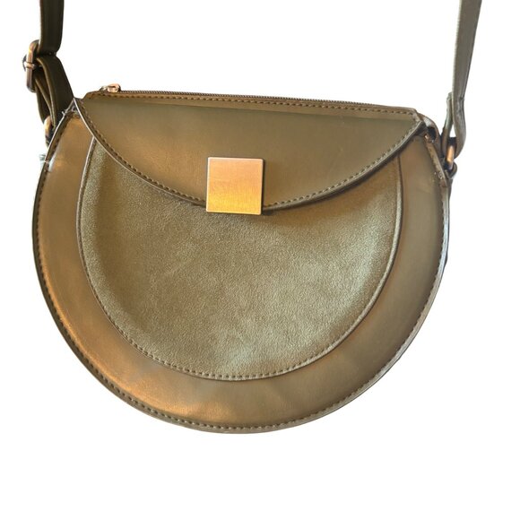 Olive Green Faux Leather Suede Crossbody Bag w/ Gold-Tone Square Clasp Accent - Picture 1 of 13